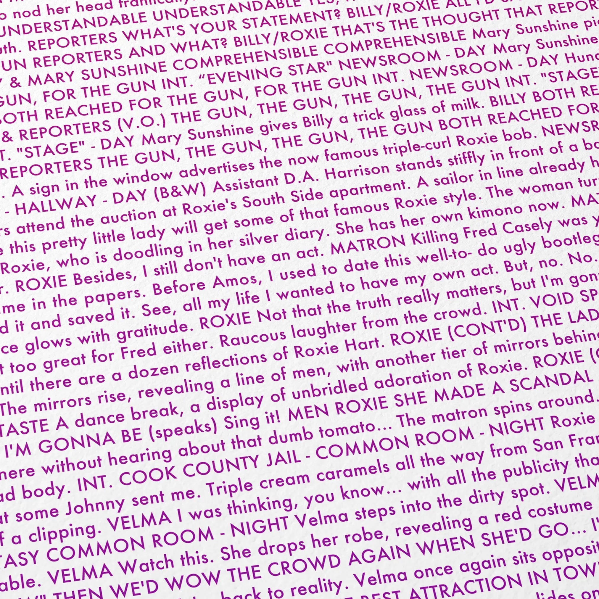 Close-up detail of the Chicago movie script poster showing dense typographic text.
