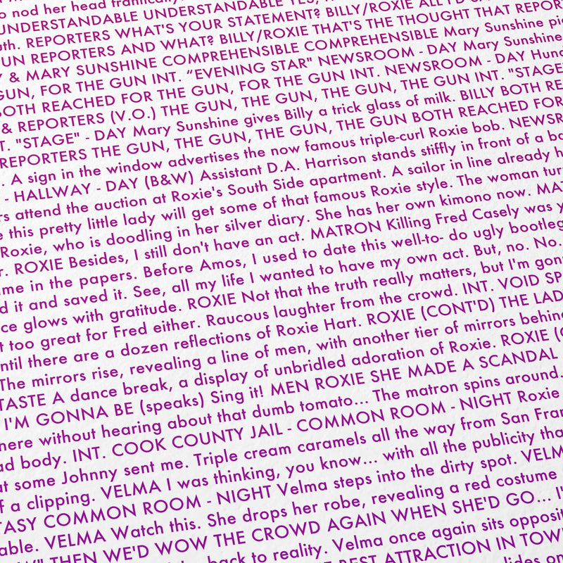 Close-up detail of the Chicago movie script poster showing dense typographic text.