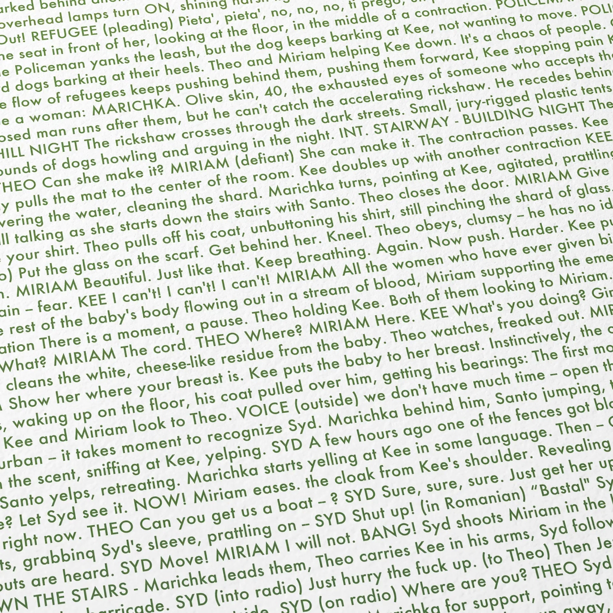 Close-up detail of the Children of Men movie script poster showing dense typographic text.