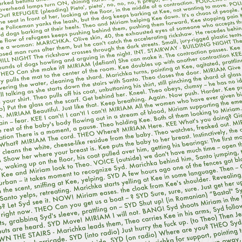 Close-up detail of the Children of Men movie script poster showing dense typographic text.