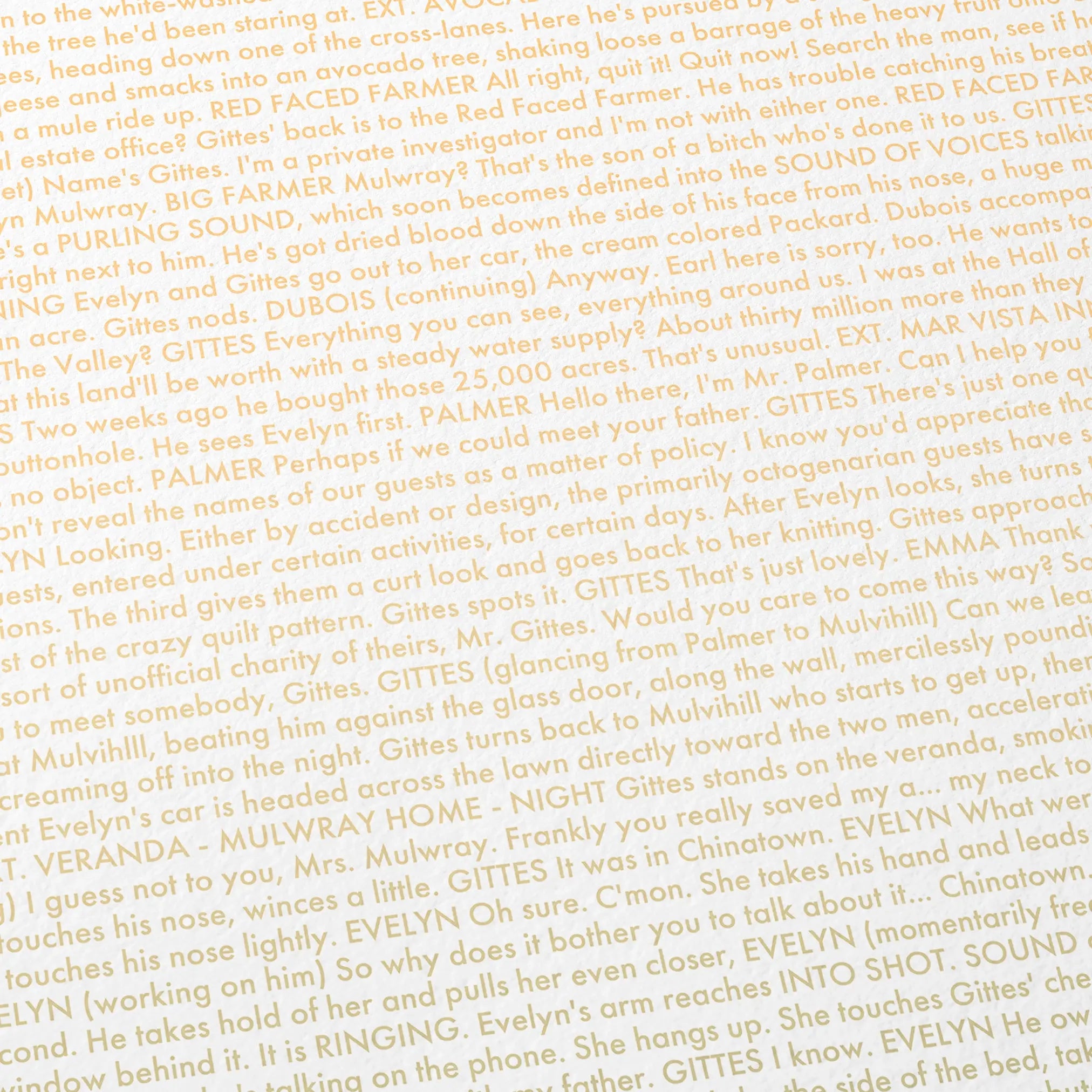Close-up detail of the Chinatown movie script poster showing dense typographic text.