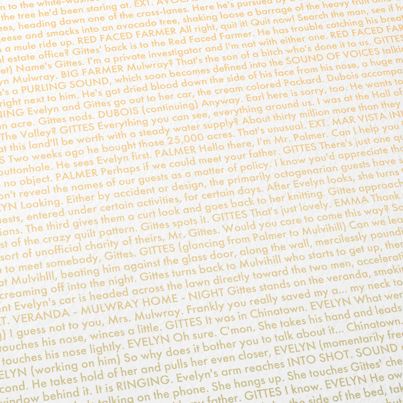 Close-up detail of the Chinatown movie script poster showing dense typographic text.