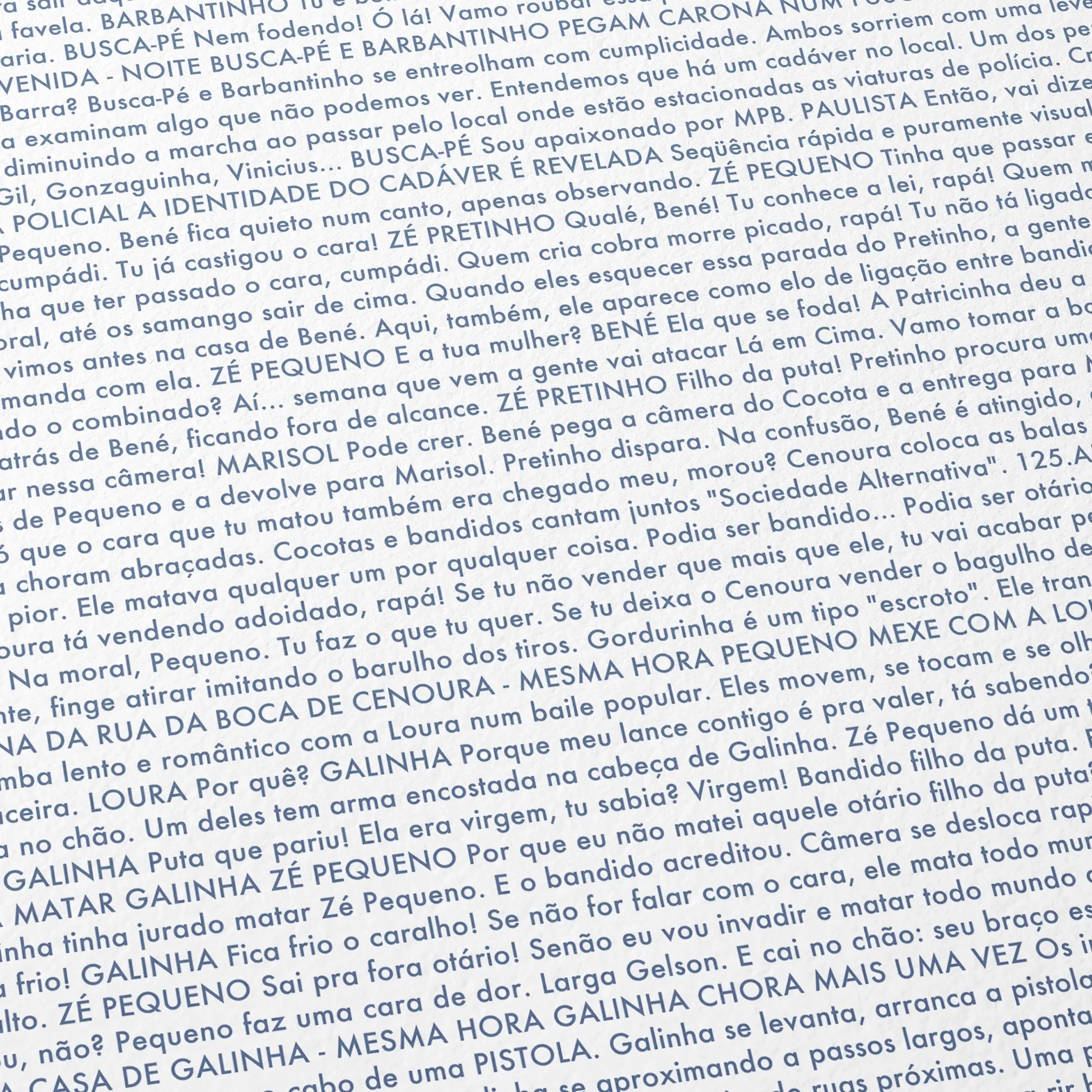 Close-up detail of the Cidade de Deus movie script poster showing dense typographic text.
