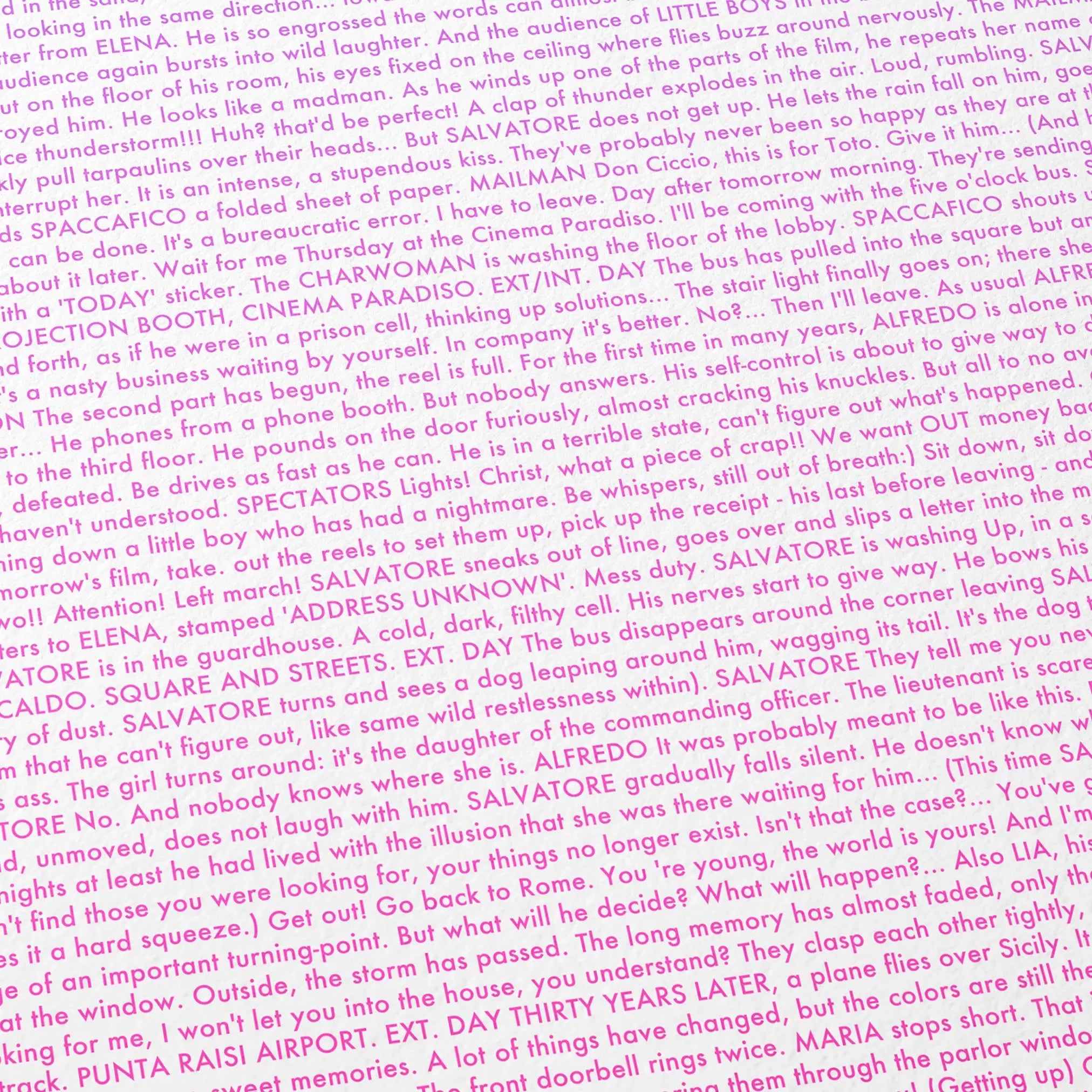 Close-up detail of the Cinema Paradiso movie script poster showing dense typographic text.
