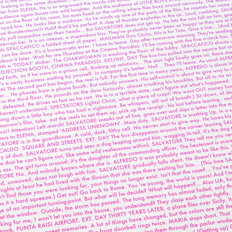 Close-up detail of the Cinema Paradiso movie script poster showing dense typographic text.