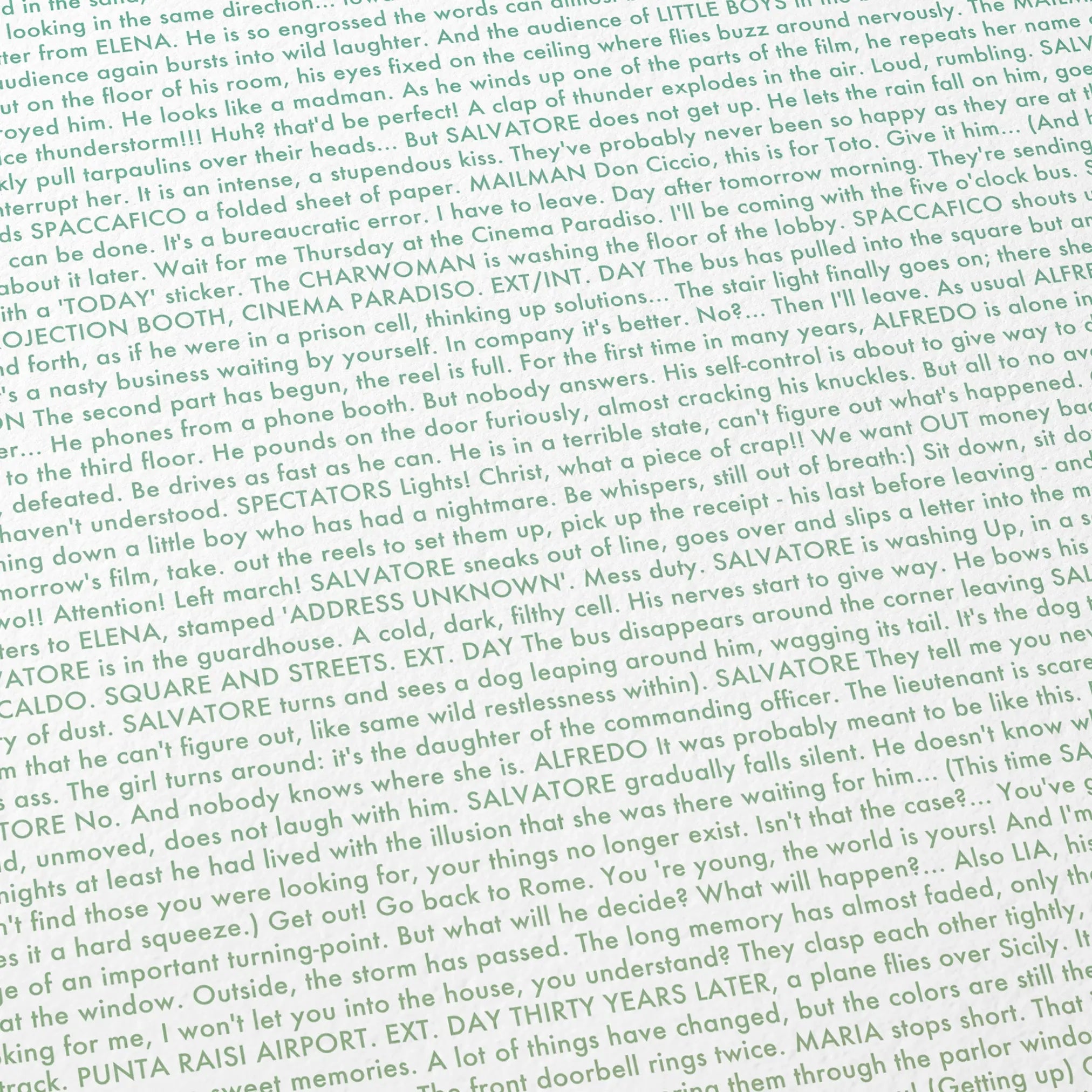 Close-up detail of the Cinema Paradiso movie script poster showing dense typographic text.