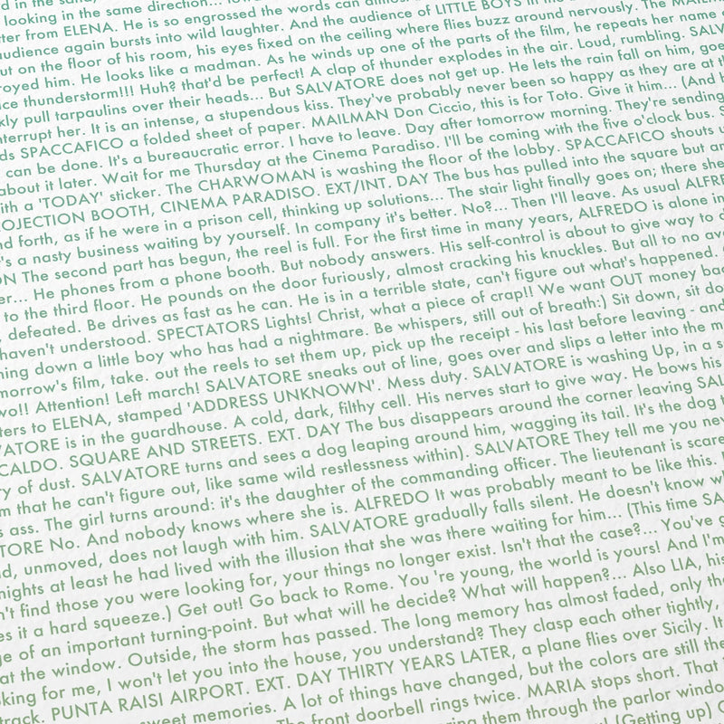 Close-up detail of the Cinema Paradiso movie script poster showing dense typographic text.