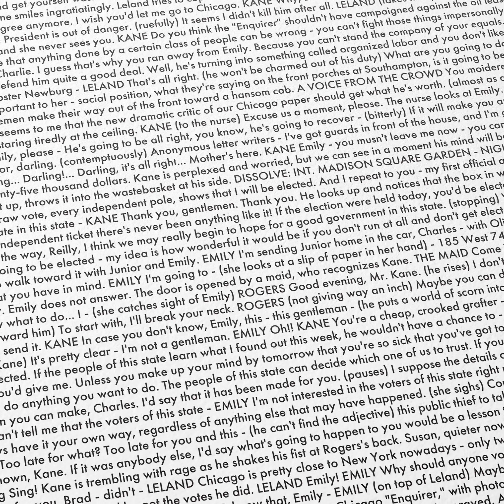 Close-up detail of the Citizen Kane movie script poster showing dense typographic text.