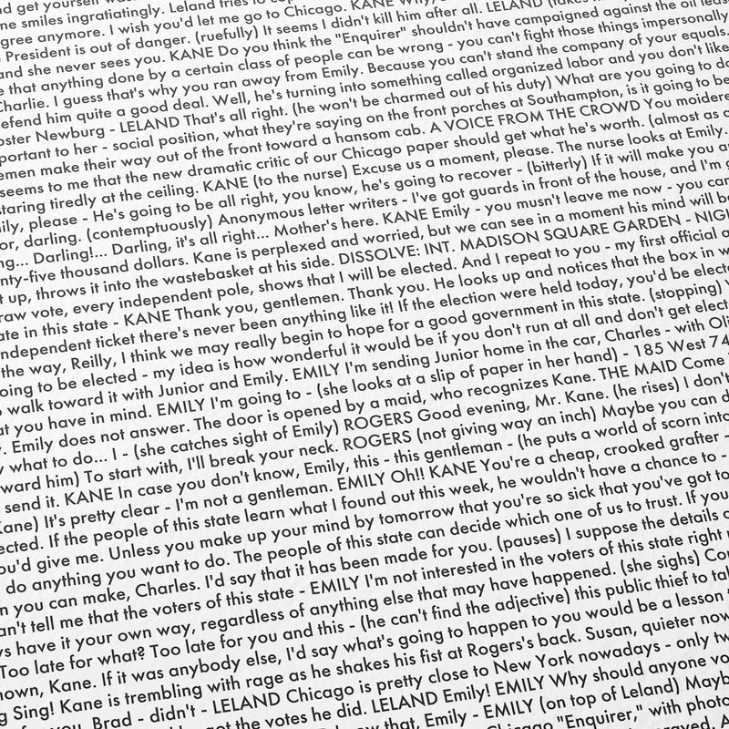 Close-up detail of the Citizen Kane movie script poster showing dense typographic text.