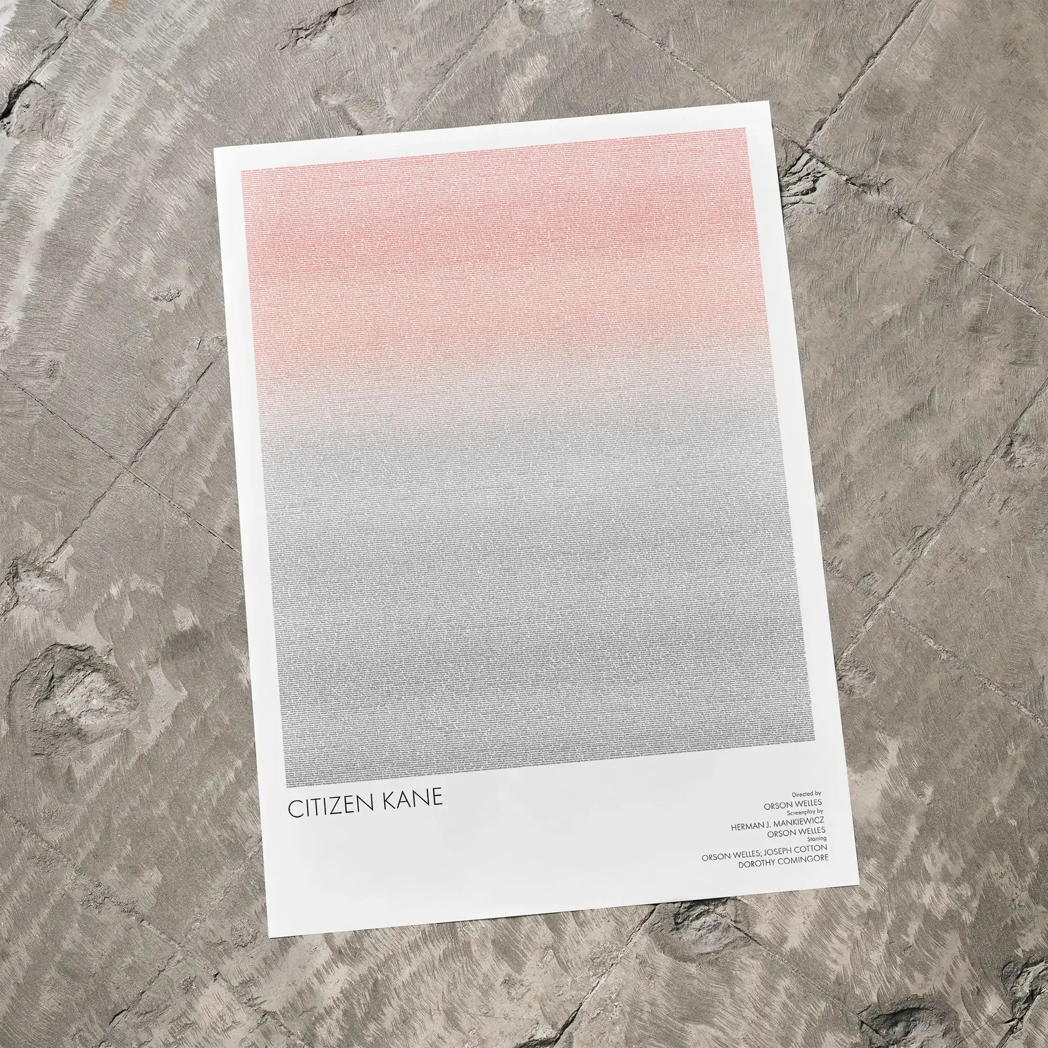A Citizen Kane movie script poster laid flat on a textured floor surface.