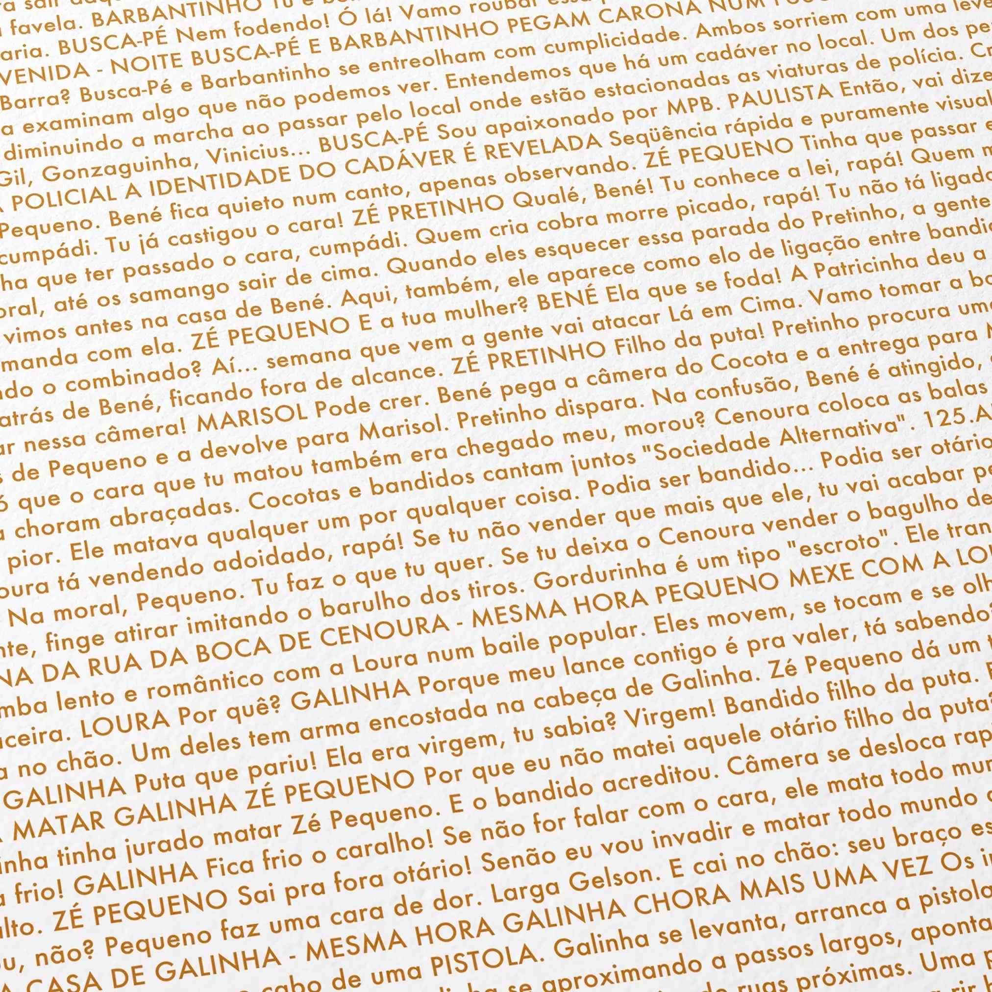 Close-up detail of the City of God movie script poster showing dense typographic text.