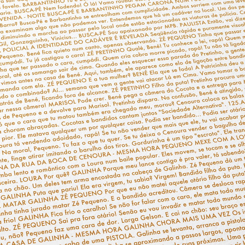 Close-up detail of the City of God movie script poster showing dense typographic text.