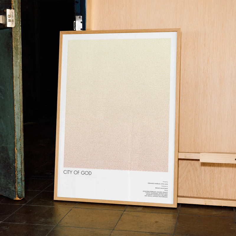A framed City of God movie script poster displayed in a contemporary interior setting.