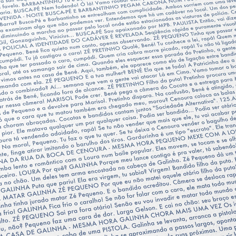 Close-up detail of the City of God movie script poster showing dense typographic text.