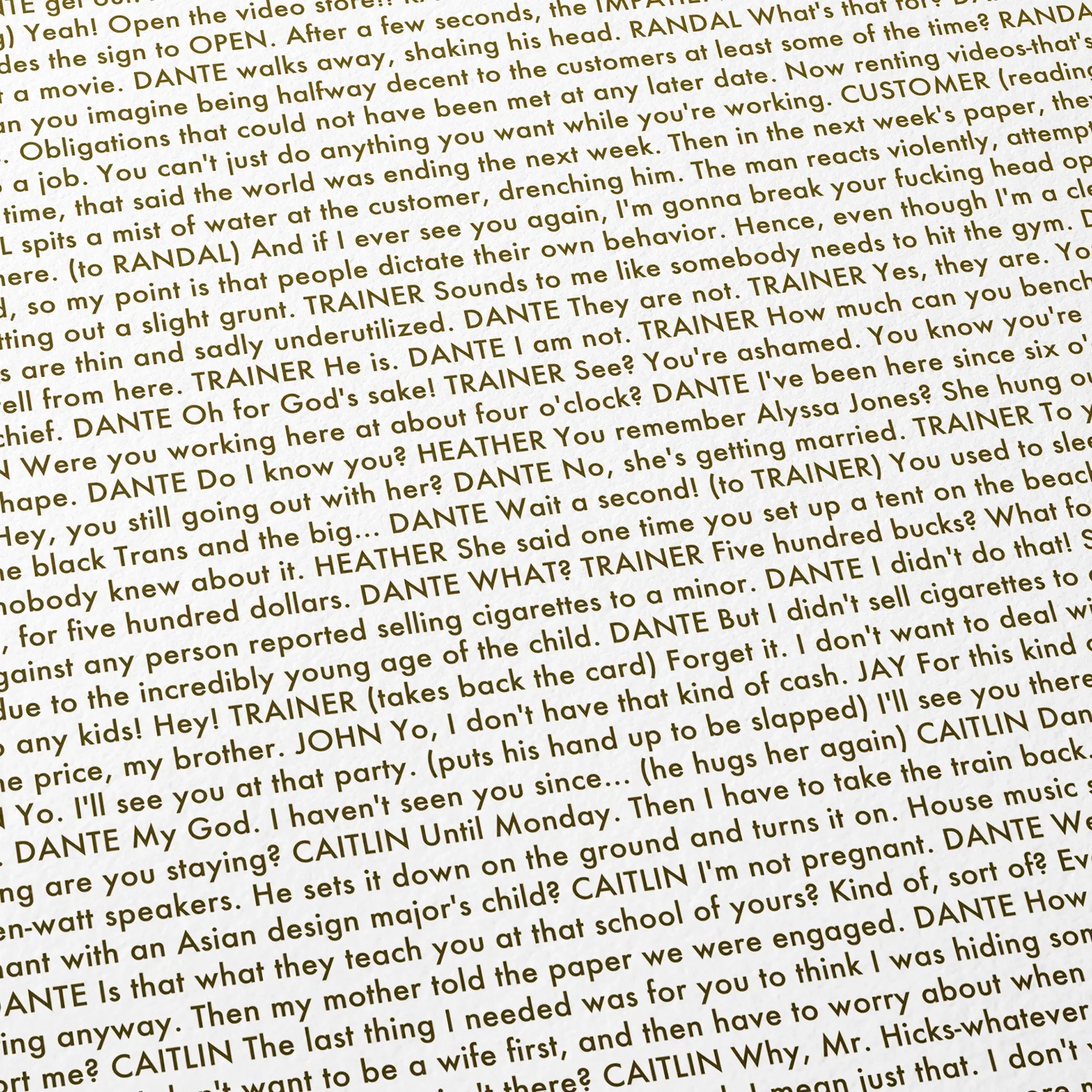 Close-up detail of the Clerks movie script poster showing dense typographic text.