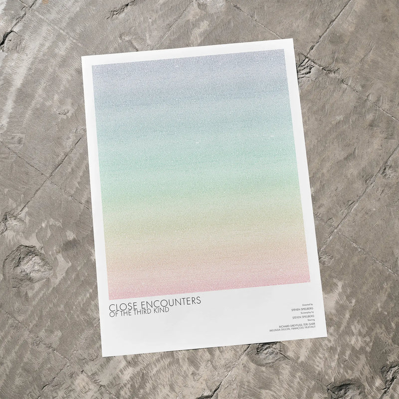 A Close Encounters of the Third Kind movie script poster laid flat on a textured floor surface.