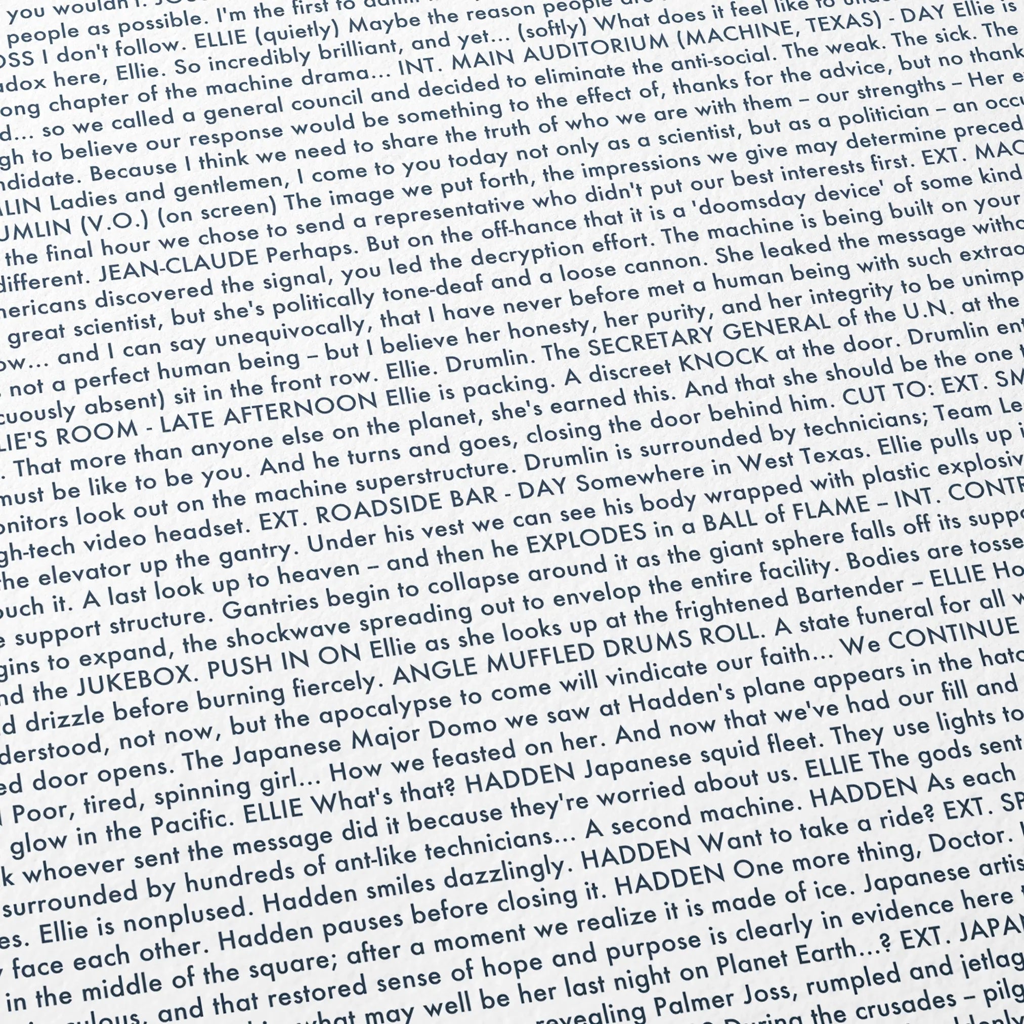Close-up detail of the Contact movie script poster showing dense typographic text.