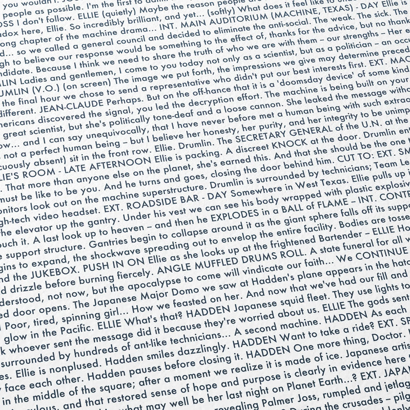 Close-up detail of the Contact movie script poster showing dense typographic text.