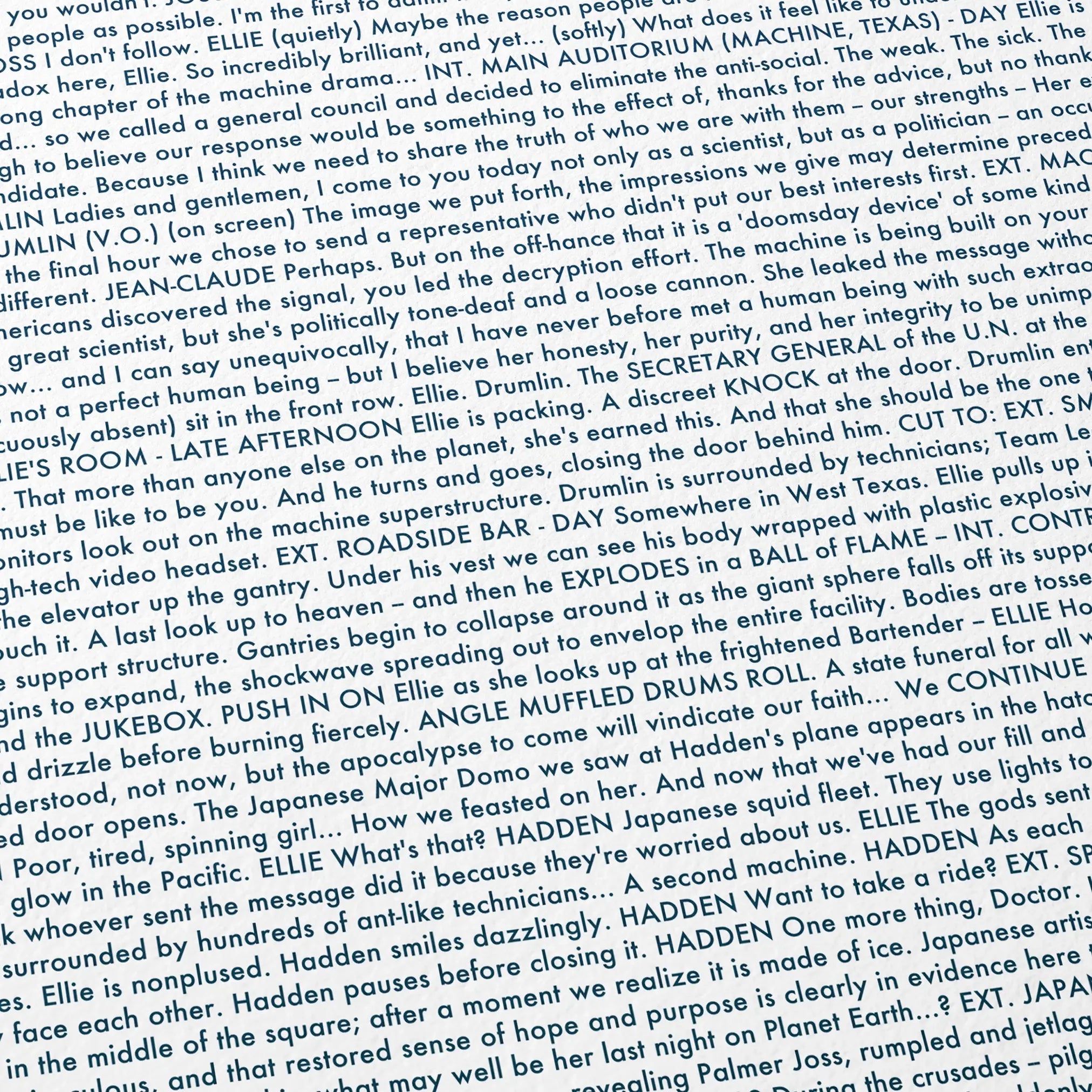 Close-up detail of the Contact movie script poster showing dense typographic text.