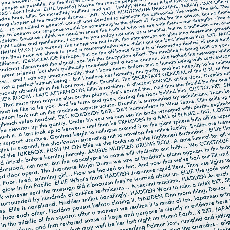 Close-up detail of the Contact movie script poster showing dense typographic text.