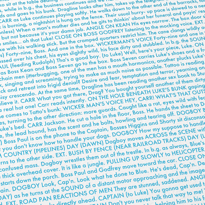 Close-up detail of the Cool Hand Luke movie script poster showing dense typographic text.