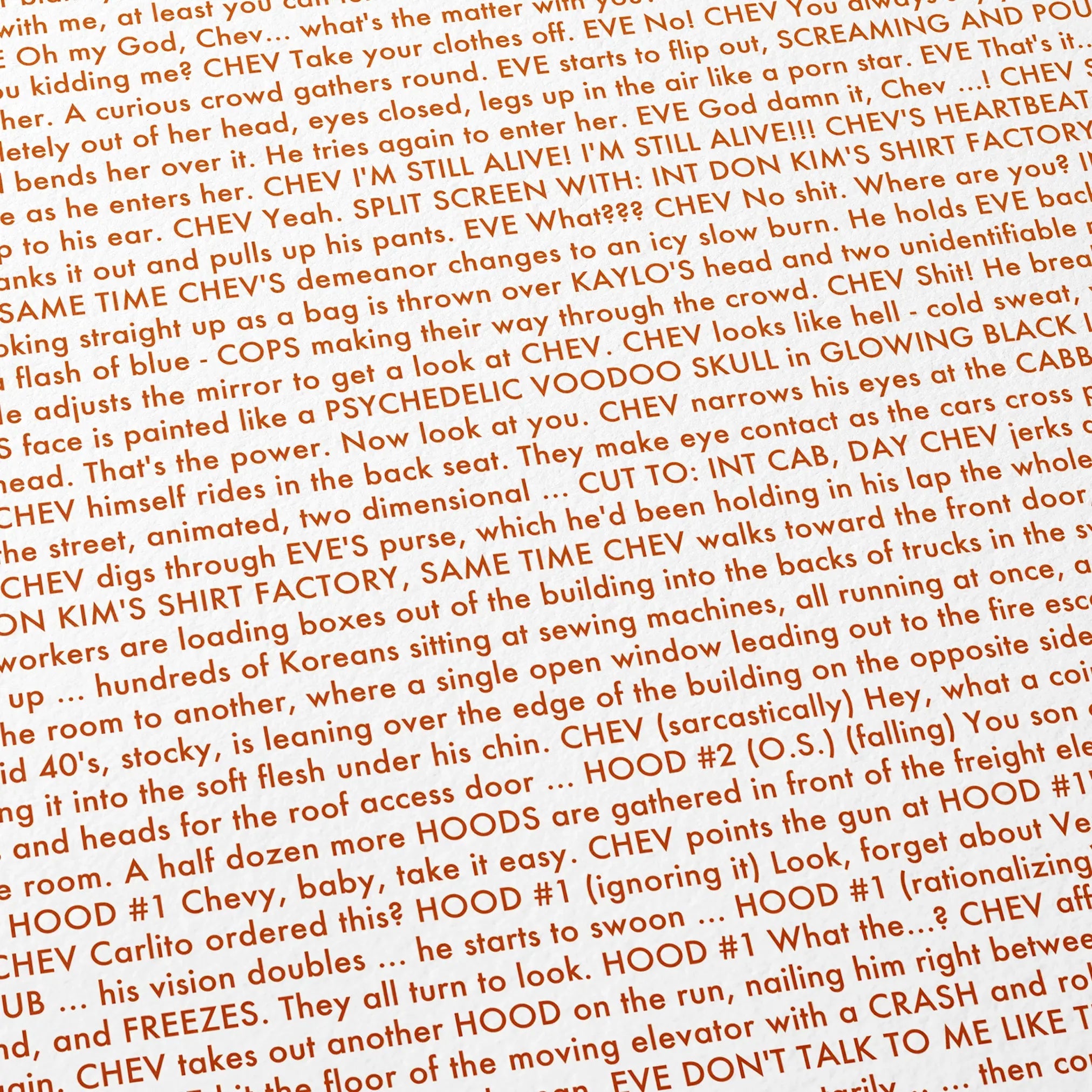 Close-up detail of the Crank movie script poster showing dense typographic text.