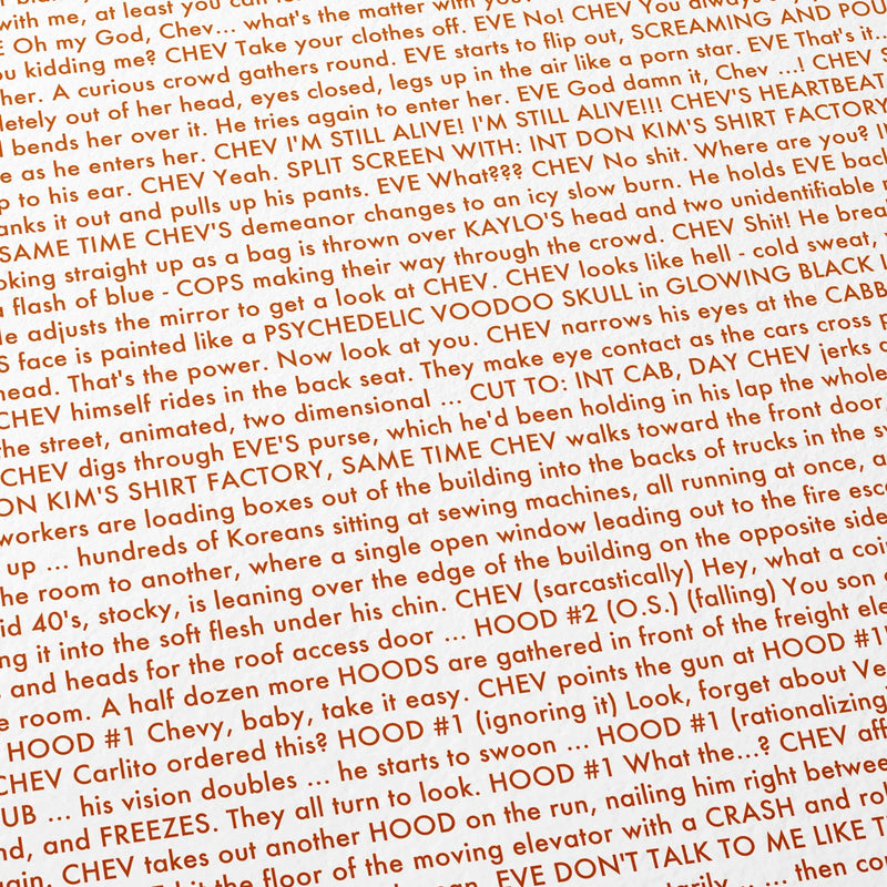 Close-up detail of the Crank movie script poster showing dense typographic text.
