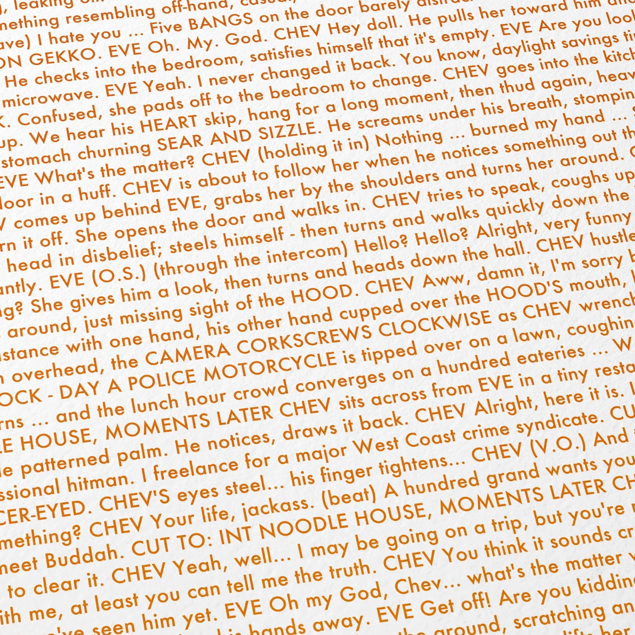 Close-up detail of the Crank movie script poster showing dense typographic text.