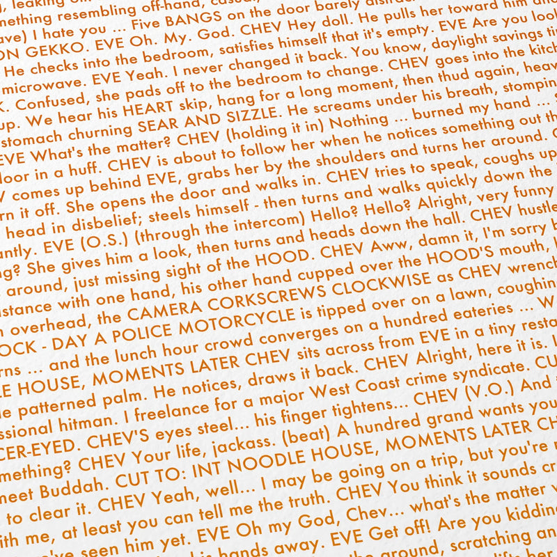 Close-up detail of the Crank movie script poster showing dense typographic text.