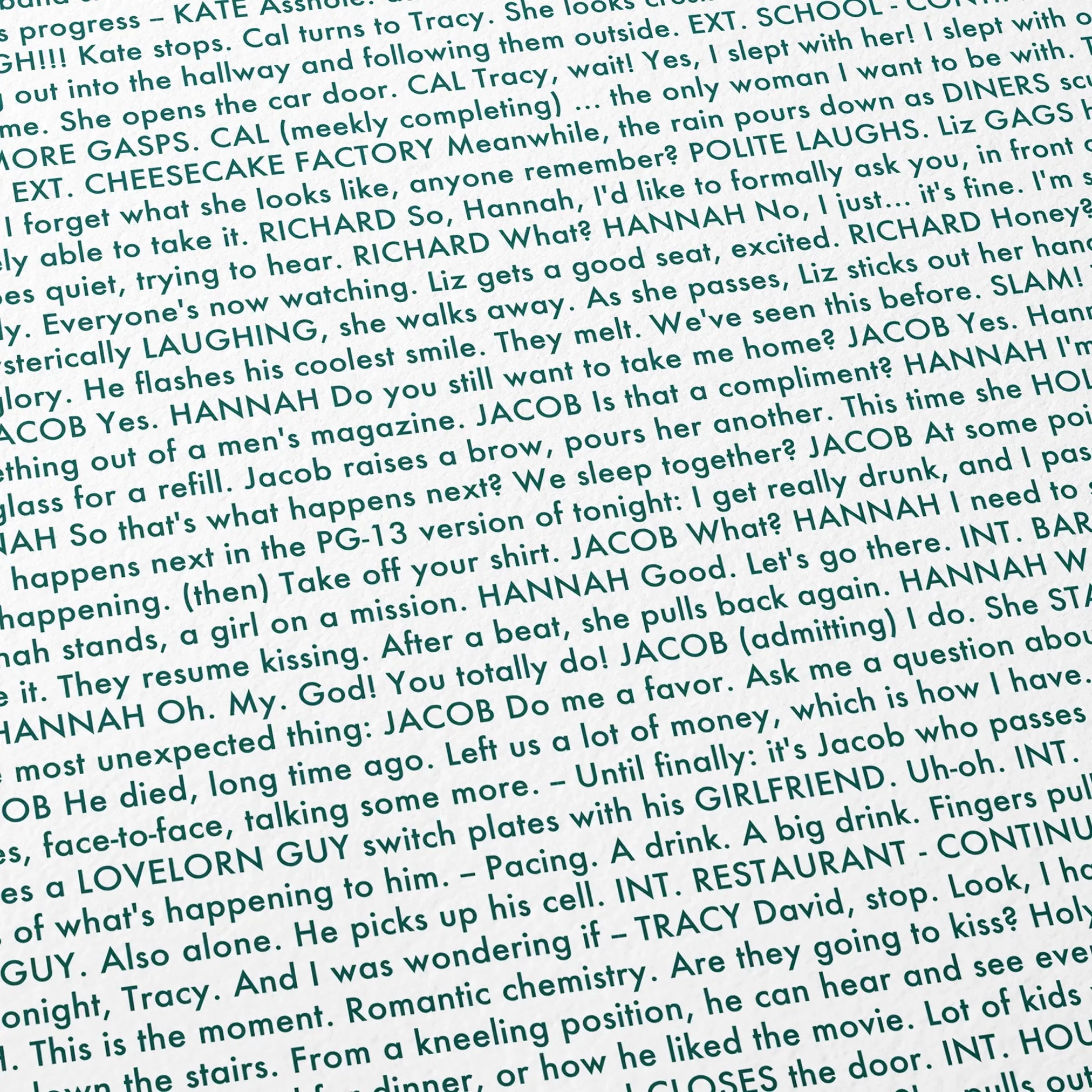 Close-up detail of the Crazy, Stupid, Love movie script poster showing dense typographic text.