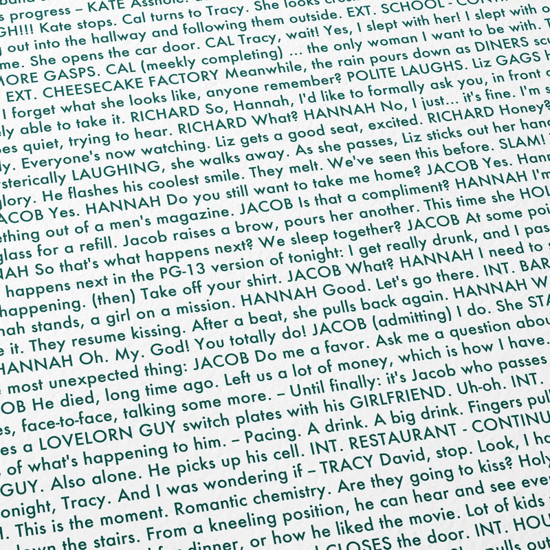 Close-up detail of the Crazy, Stupid, Love movie script poster showing dense typographic text.