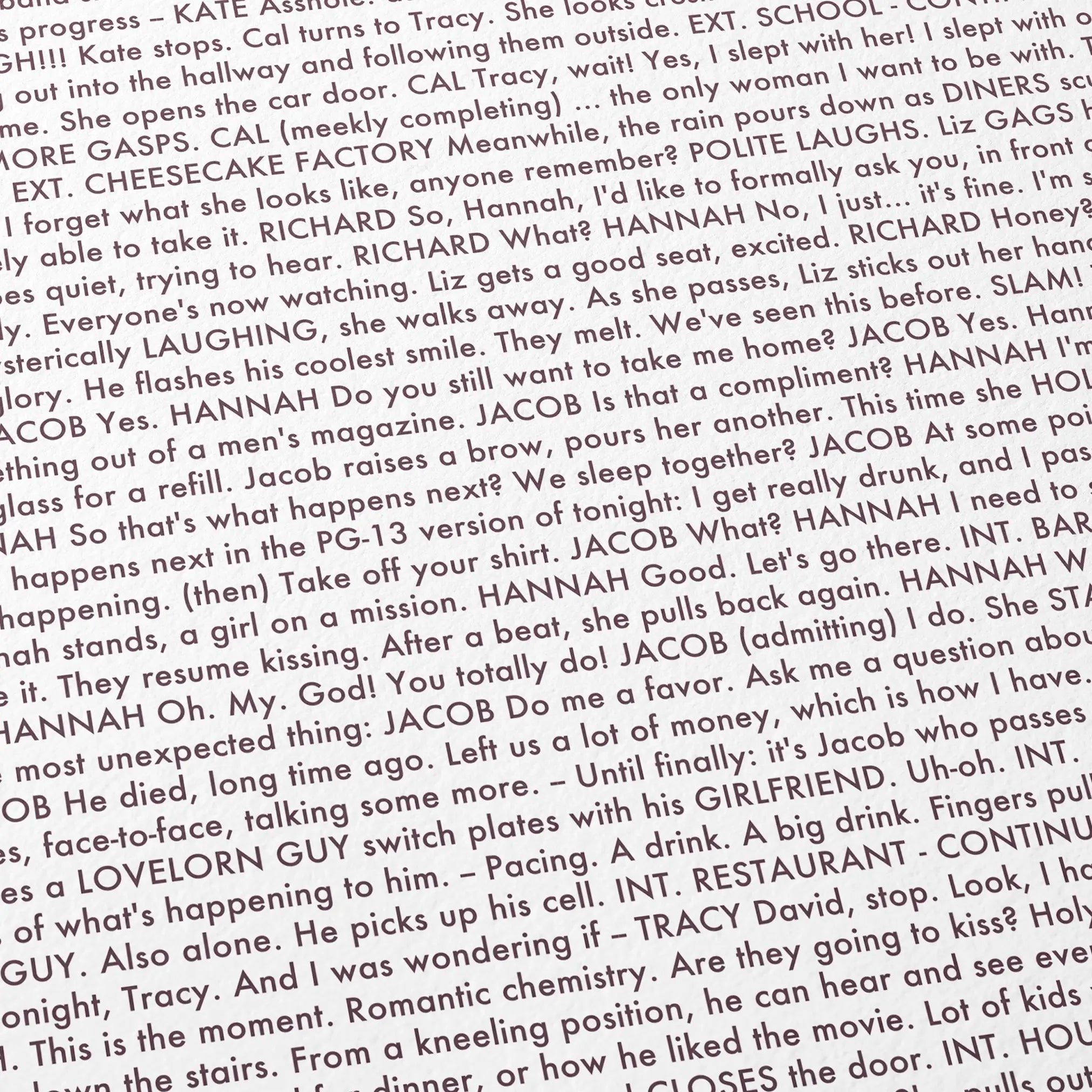Close-up detail of the Crazy, Stupid, Love. movie script poster showing dense typographic text.