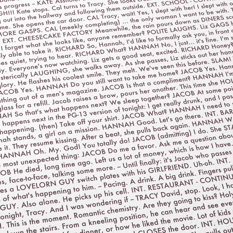 Close-up detail of the Crazy, Stupid, Love. movie script poster showing dense typographic text.