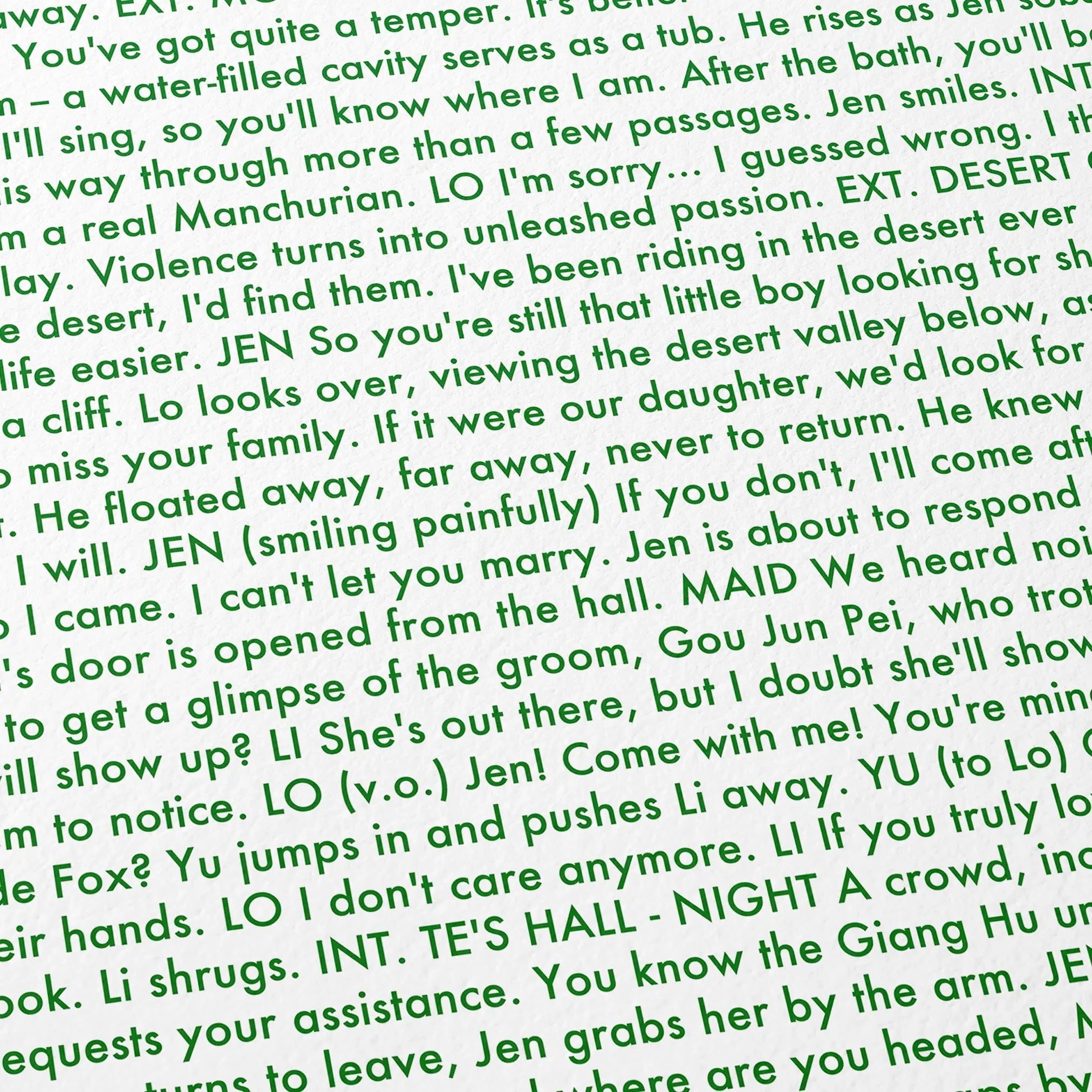 Close-up detail of the Crouching Tiger, Hidden Dragon movie script poster showing dense typographic text.