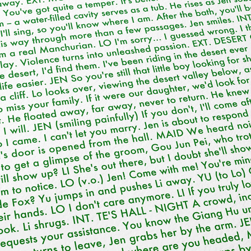 Close-up detail of the Crouching Tiger, Hidden Dragon movie script poster showing dense typographic text.