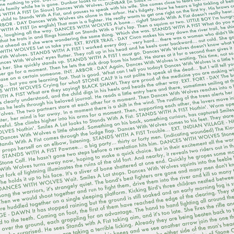 Close-up detail of the Dances with Wolves movie script poster showing dense typographic text.