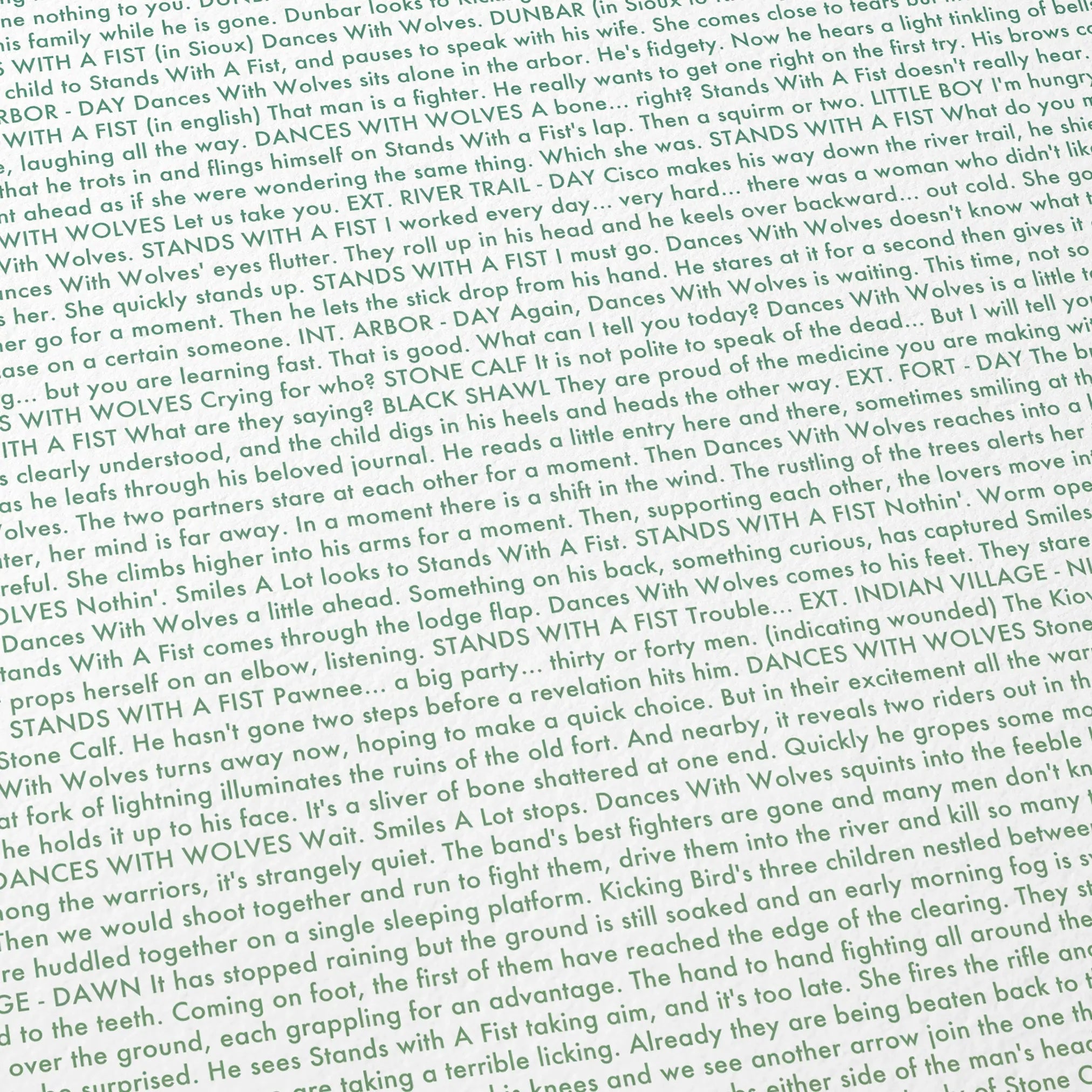 Close-up detail of the Dances with Wolves movie script poster showing dense typographic text.