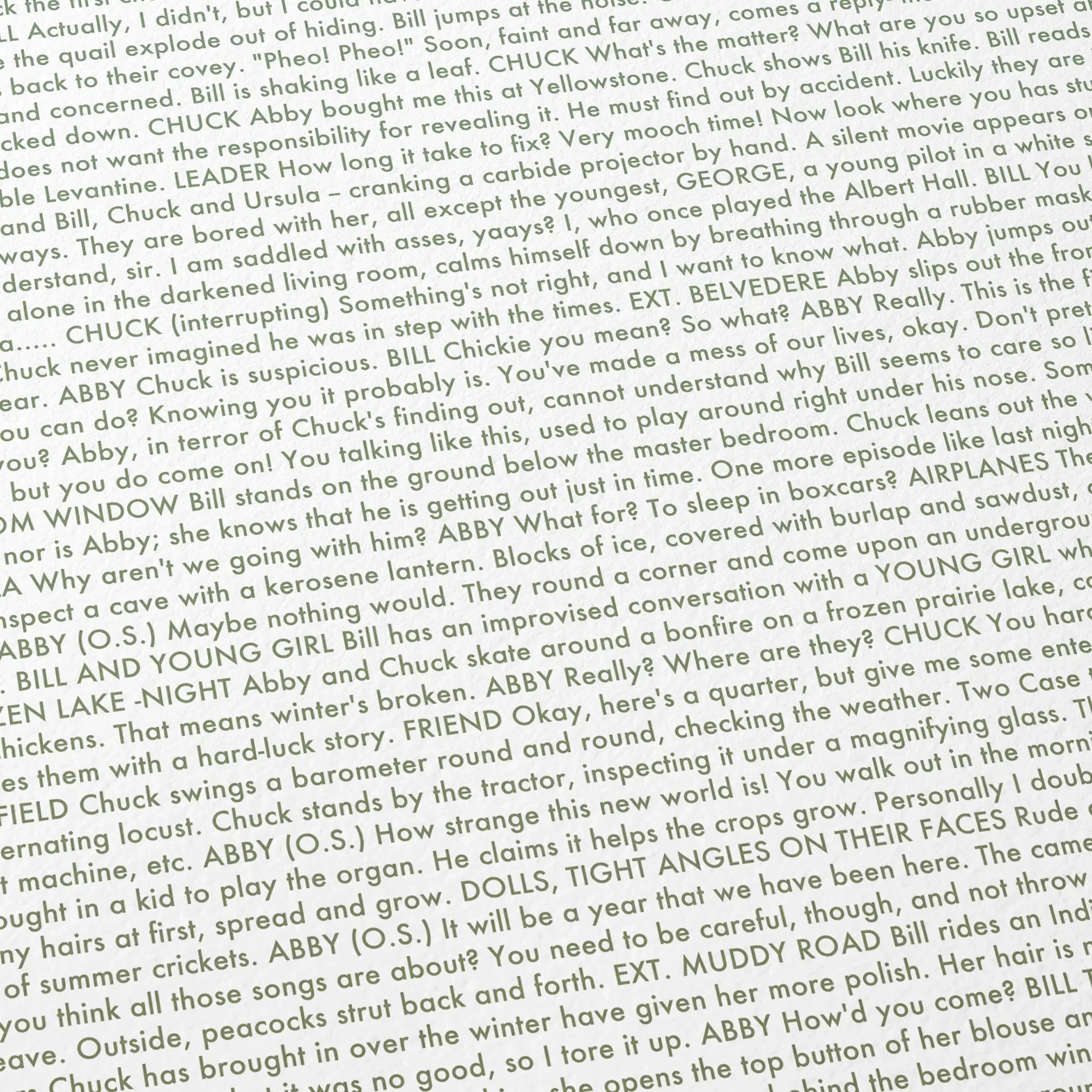 Close-up detail of the Days of Heaven movie script poster showing dense typographic text.