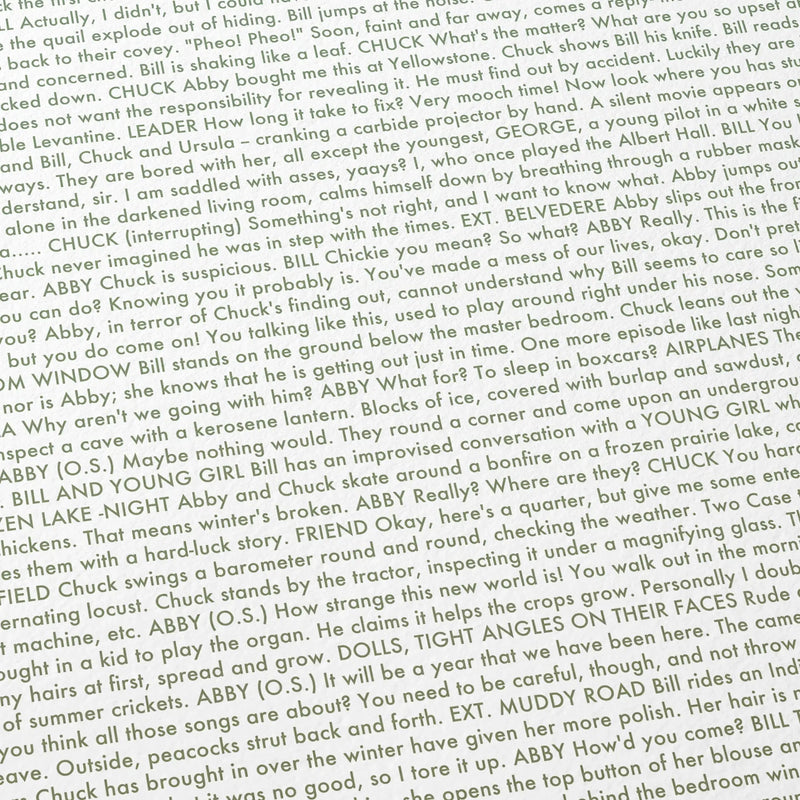 Close-up detail of the Days of Heaven movie script poster showing dense typographic text.