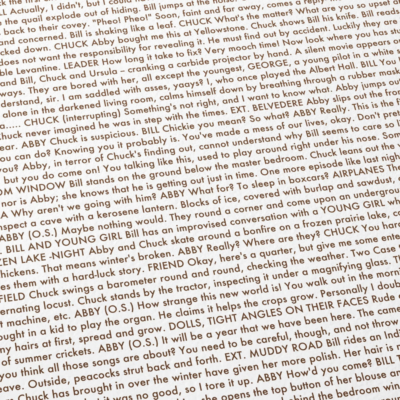Close-up detail of the Days of Heaven movie script poster showing dense typographic text.
