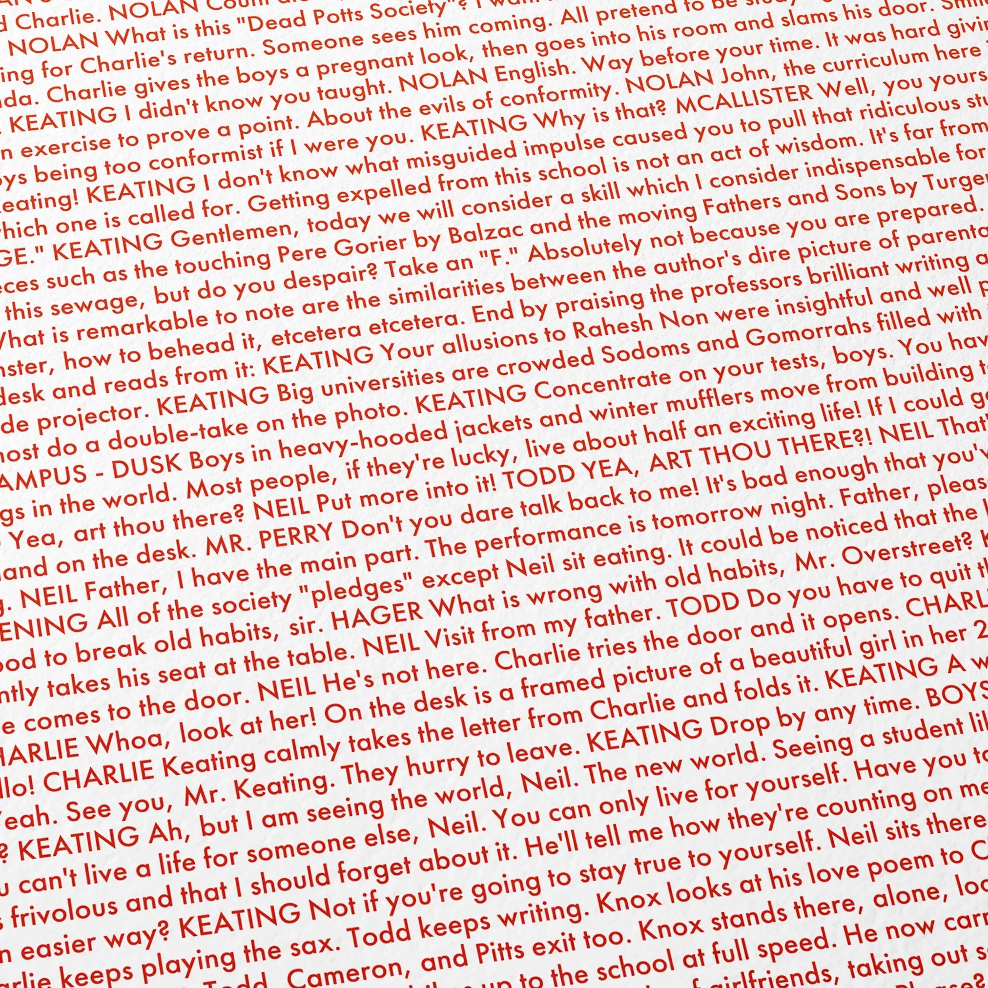 Close-up detail of the Dead Poets Society movie script poster showing dense typographic text.