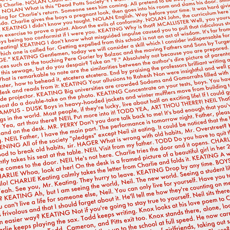 Close-up detail of the Dead Poets Society movie script poster showing dense typographic text.