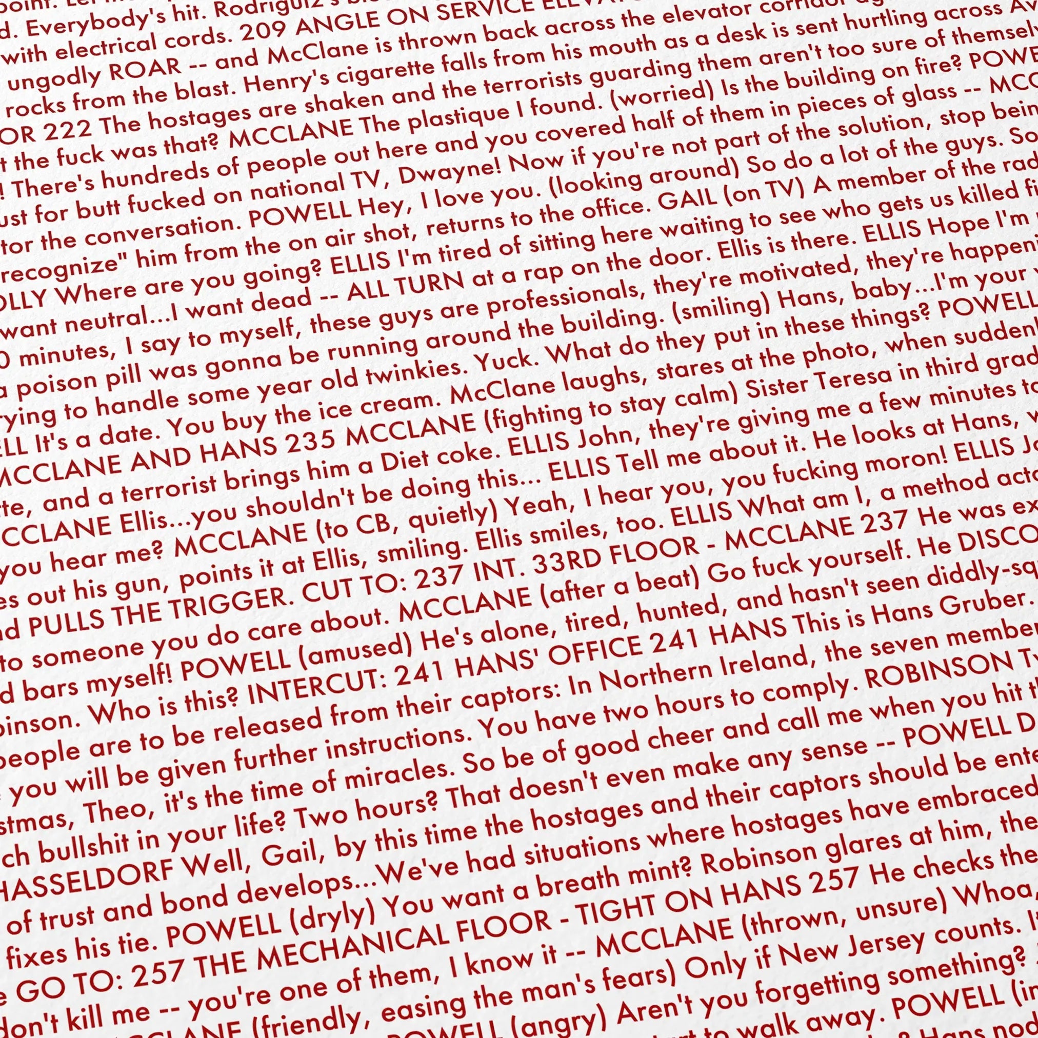 Close-up detail of the Die Hard movie script poster showing dense typographic text.