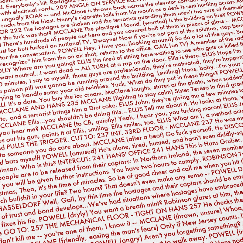 Close-up detail of the Die Hard movie script poster showing dense typographic text.