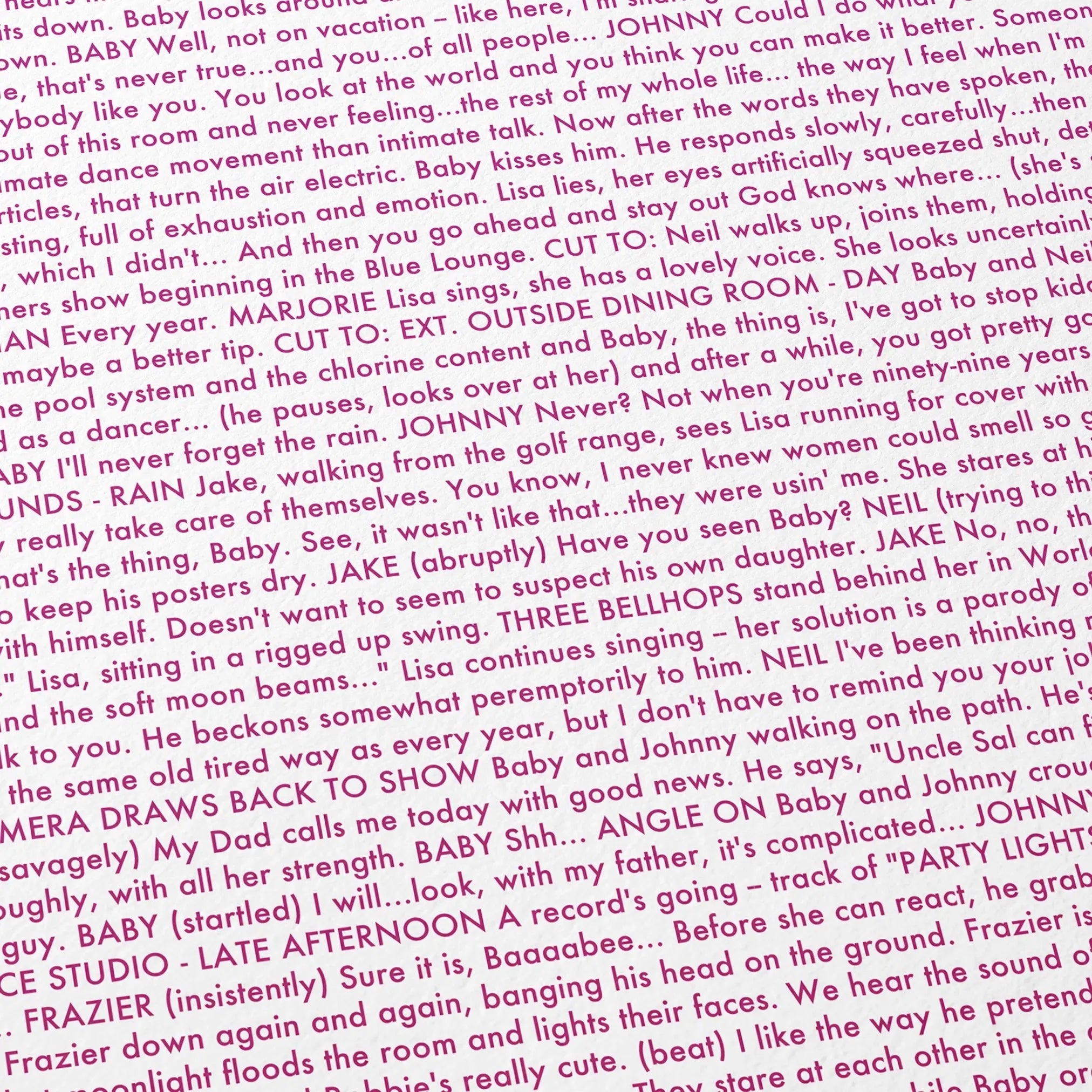 Close-up detail of the Dirty Dancing movie script poster showing dense typographic text.