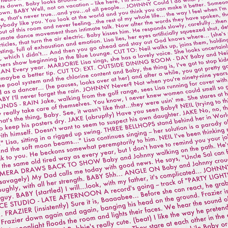 Close-up detail of the Dirty Dancing movie script poster showing dense typographic text.