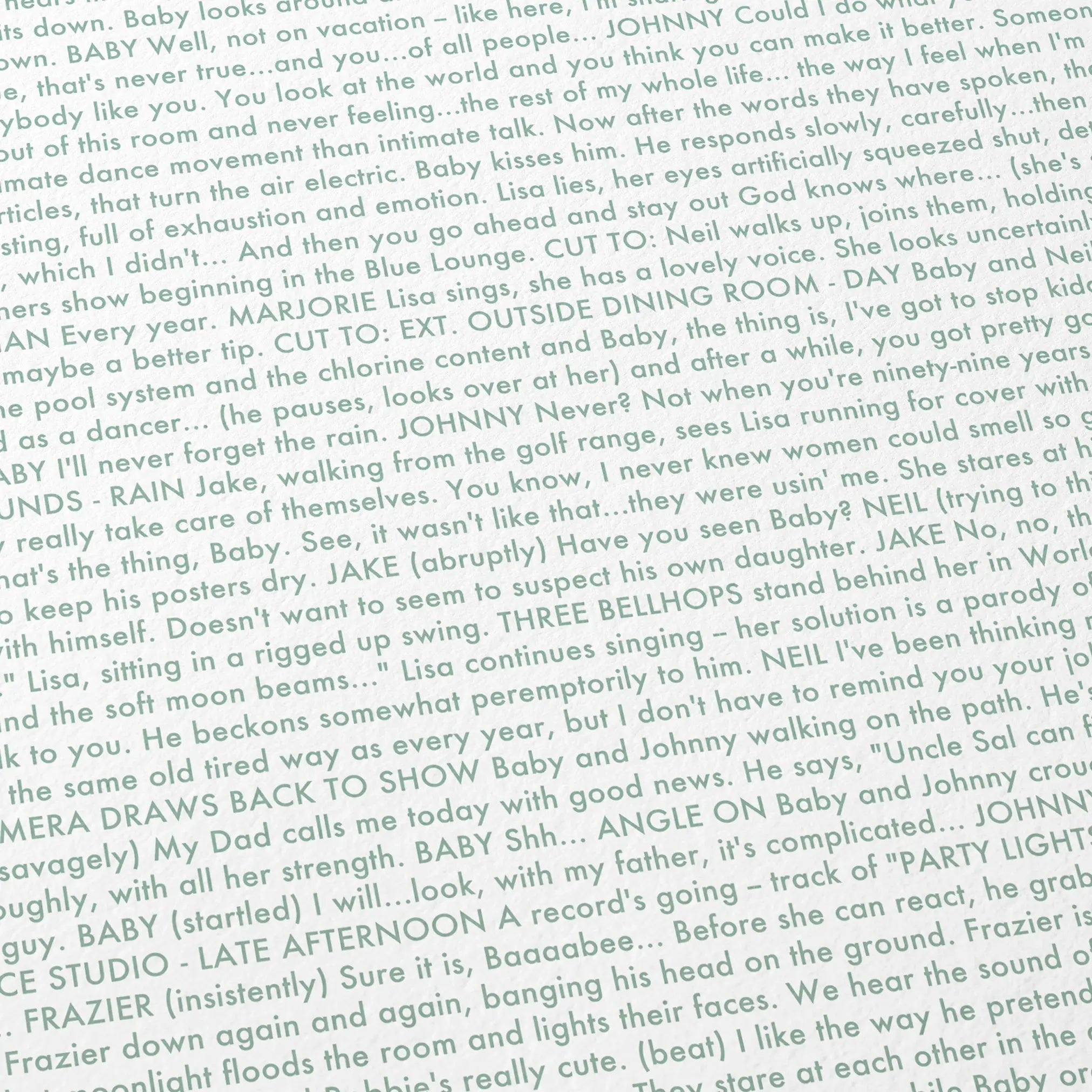 Close-up detail of the Dirty Dancing movie script poster showing dense typographic text.