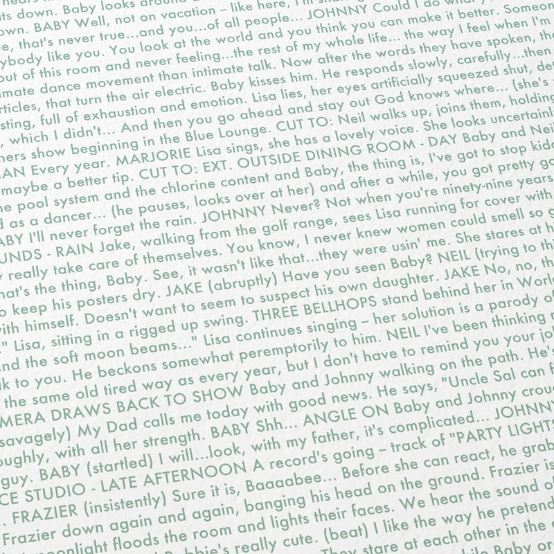 Close-up detail of the Dirty Dancing movie script poster showing dense typographic text.