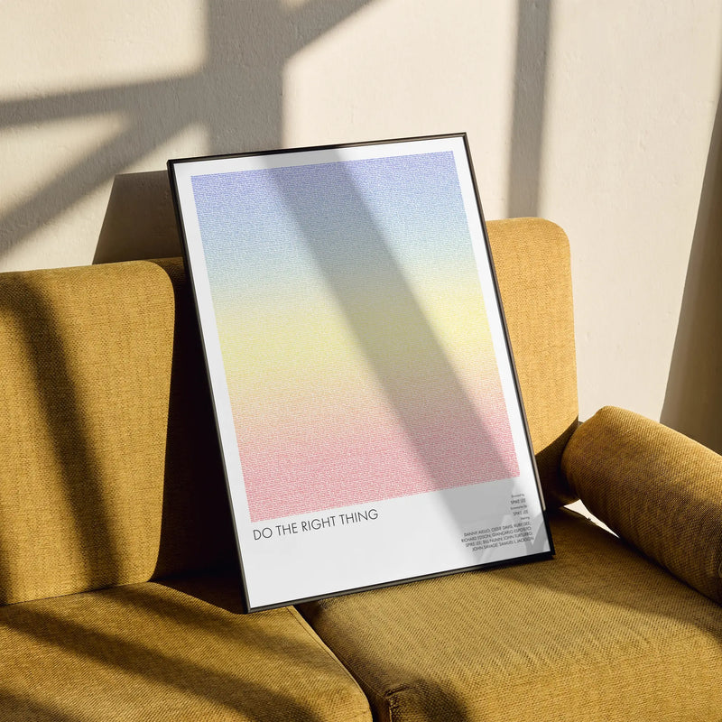 A framed Do the Right Thing movie script poster styled in a clean interior setting.