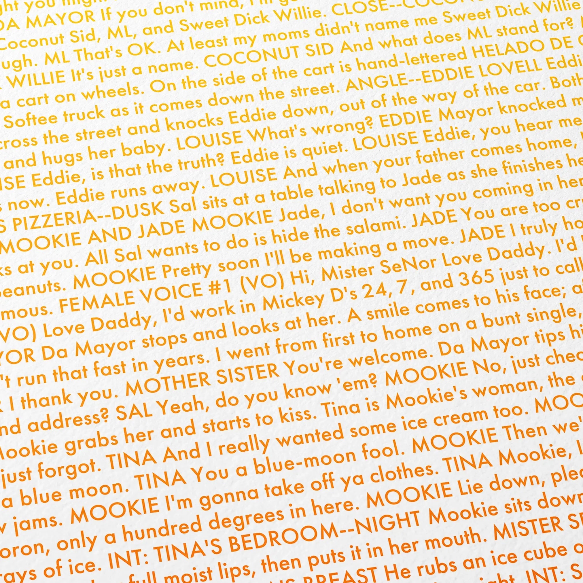 Close-up detail of the Do the Right Thing movie script poster showing dense typographic text.